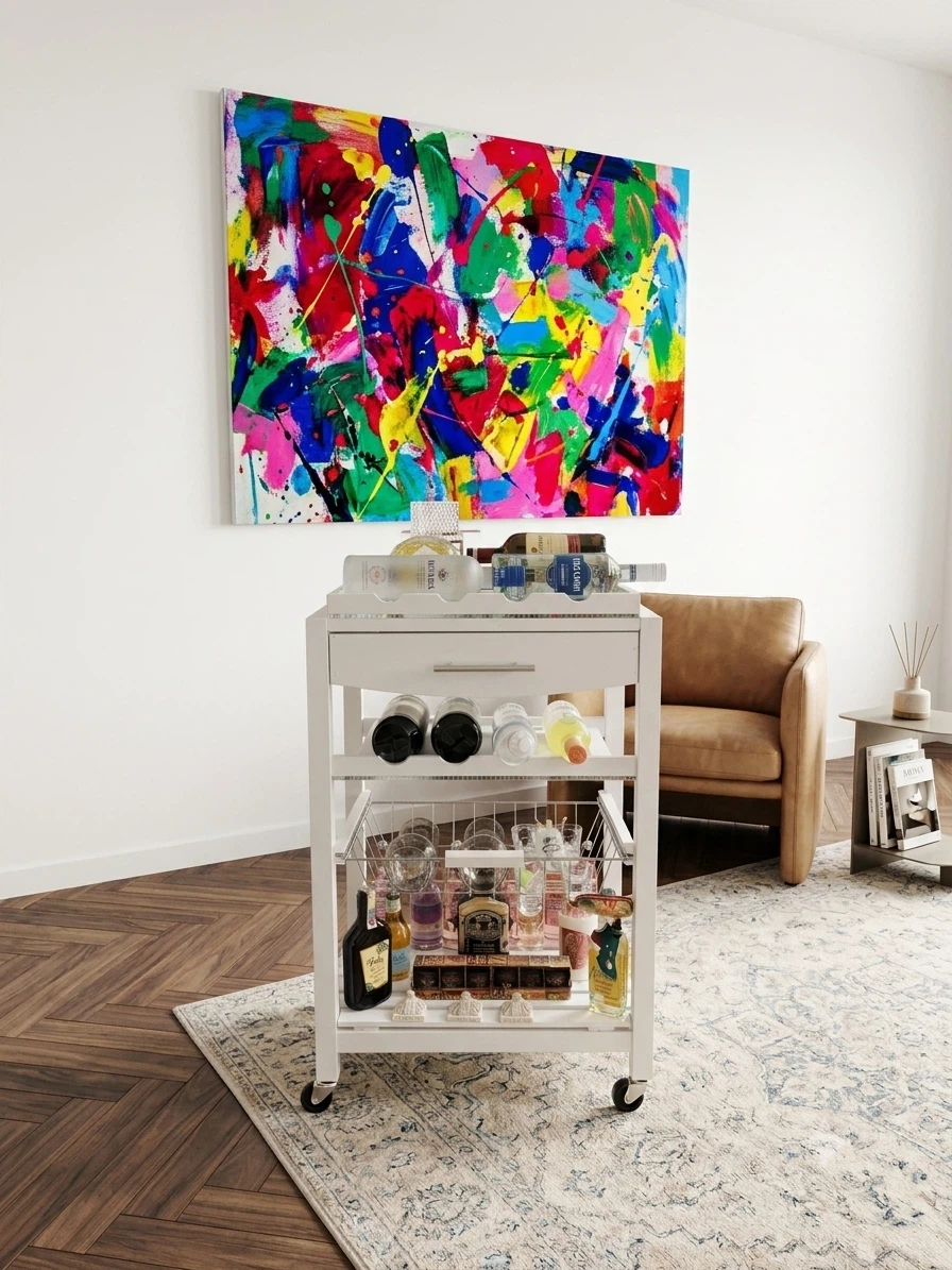 White Wood Rolling Bar Cart with Storage