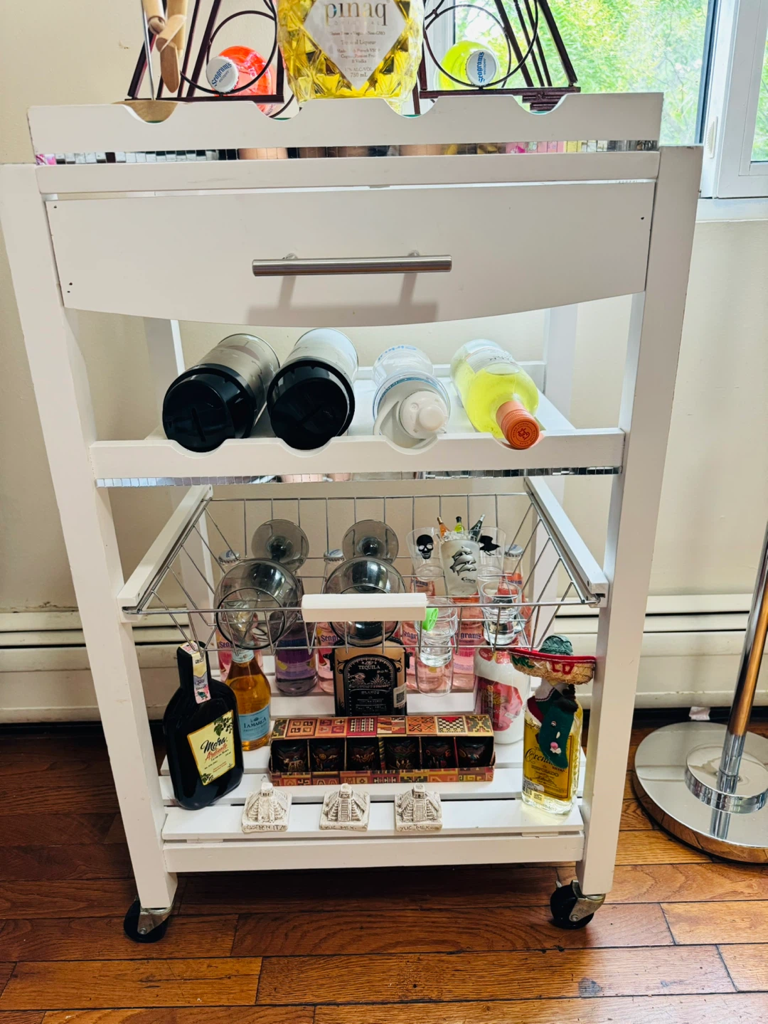 White Wood Rolling Bar Cart with Storage - photo 2