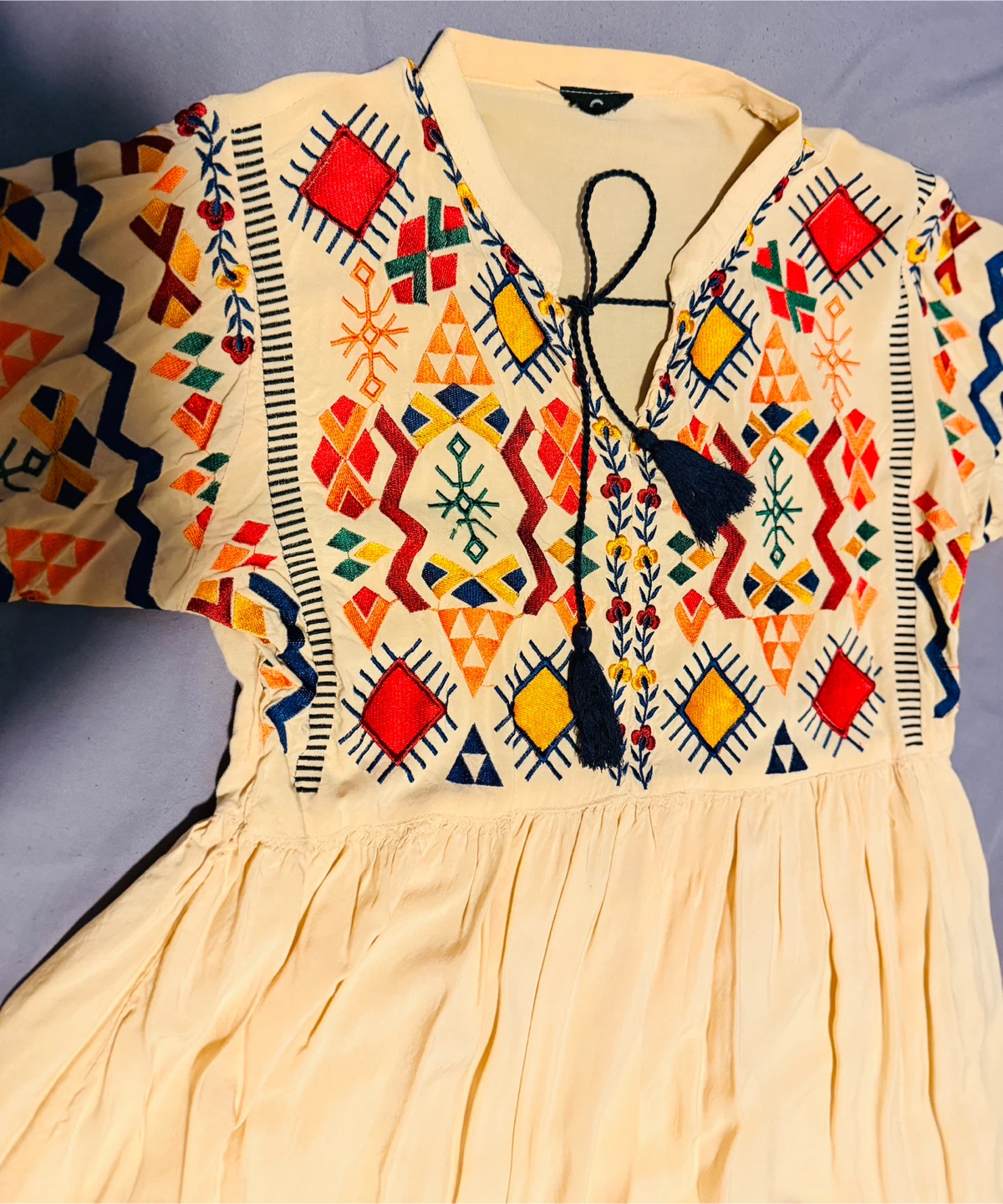 Cream Boho Embroidered Tassel Dress, brand new