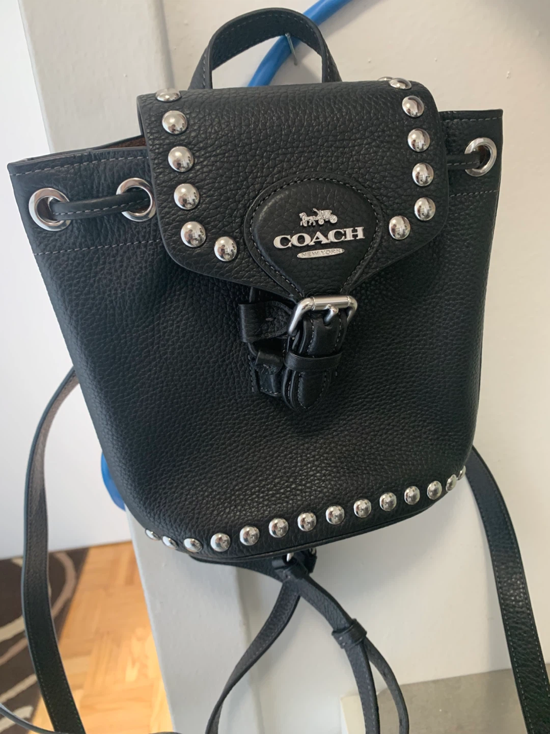 Coach Black Pebble Leather Studded Bucket Bag