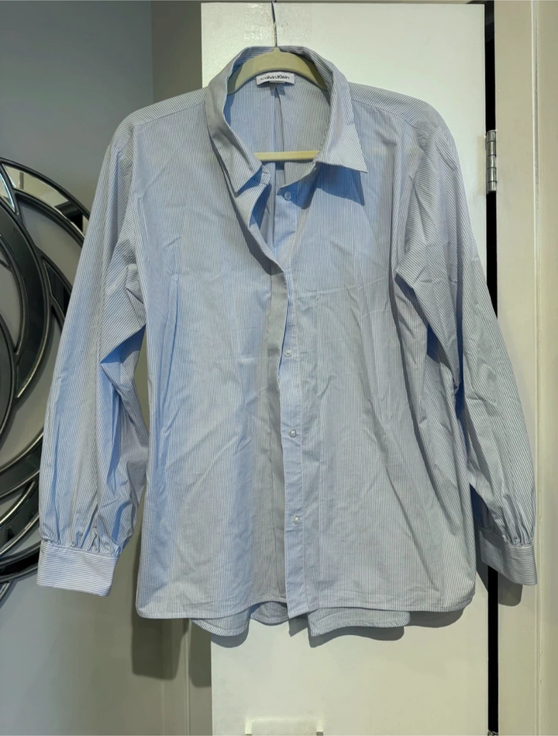 Calvin Klein Women’s Blue Pinstripe Button-Up Long Sleeve Shirt