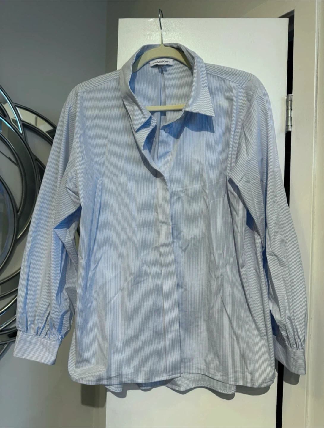 Calvin Klein Women’s Blue Pinstripe Button-Up Long Sleeve Shirt - photo 5