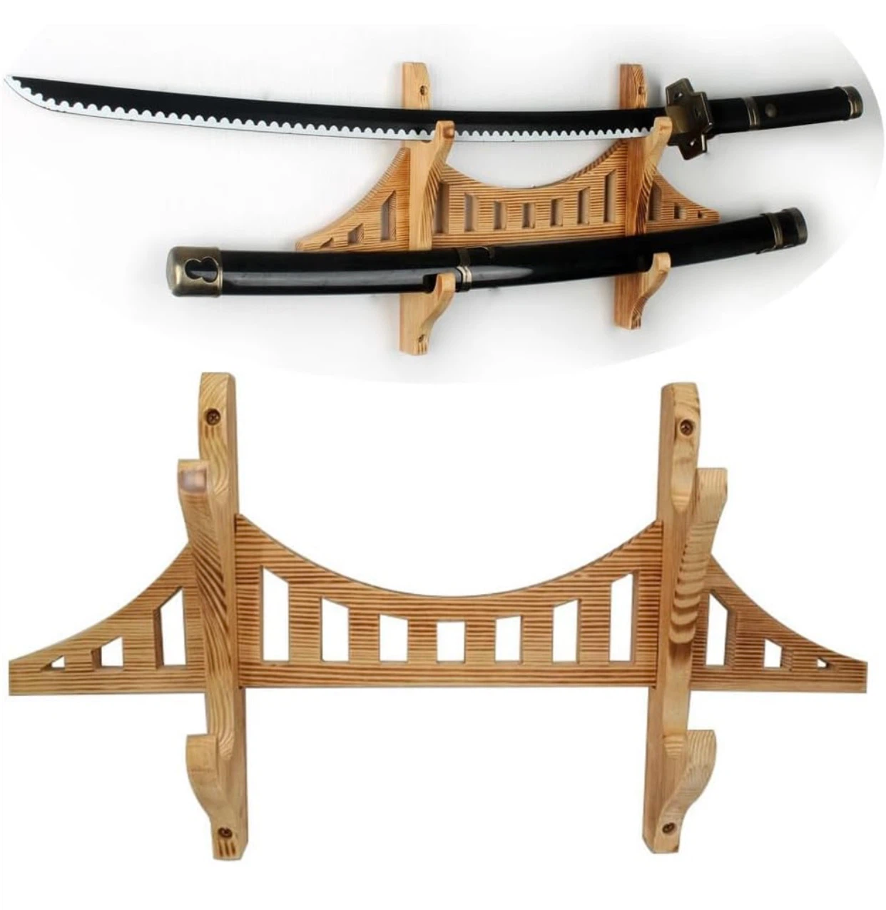 Wooden Bridge Style Sword Wall Mount Stand, sealed