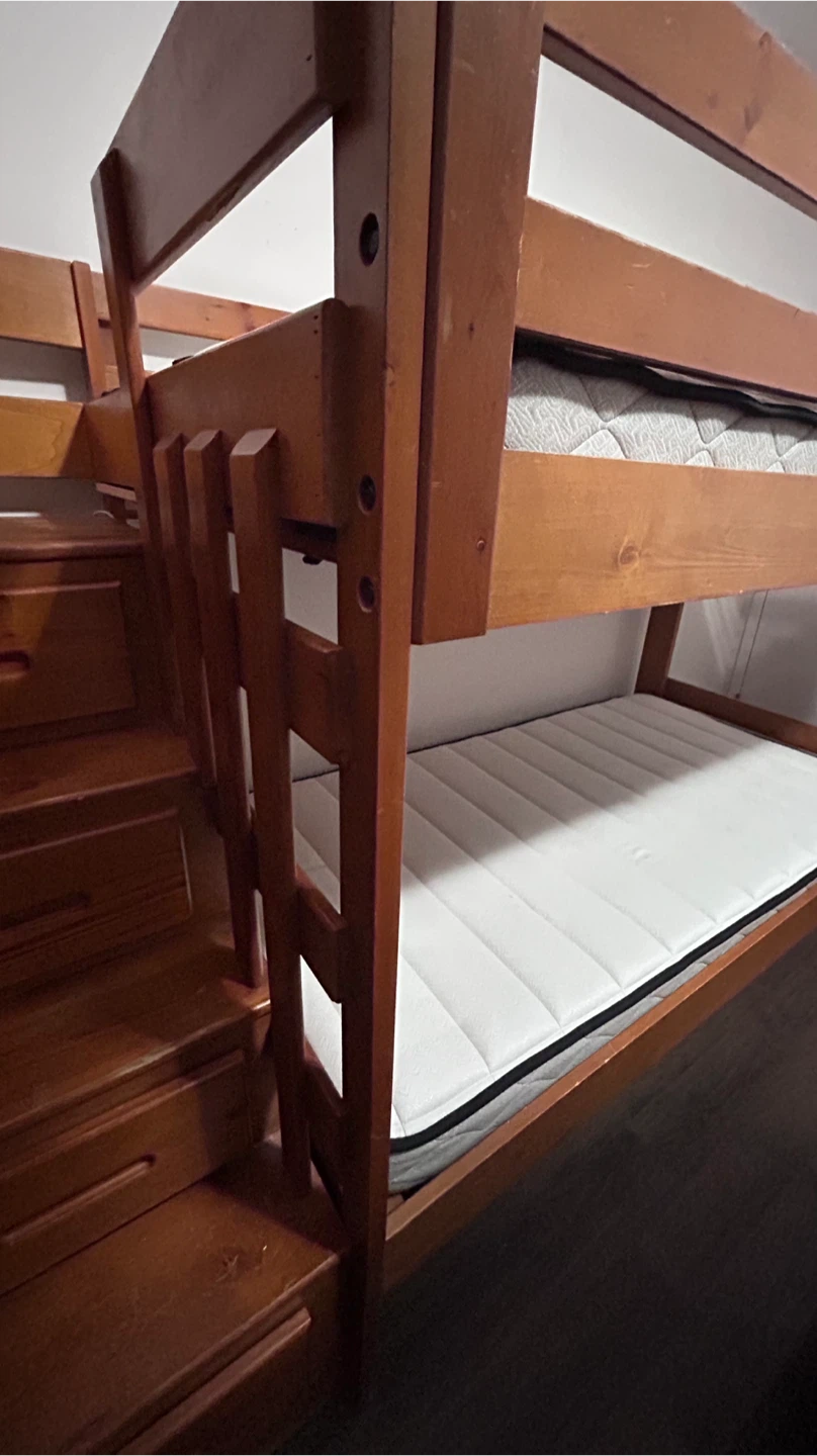 Solid Wood Twin Bunk Bed with Integrated Staircase