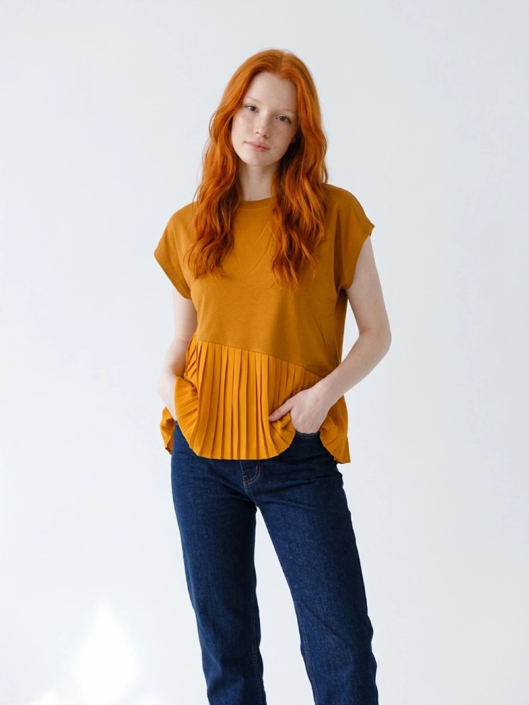 Mustard Yellow Pleated Hem T-Shirt - photo 4