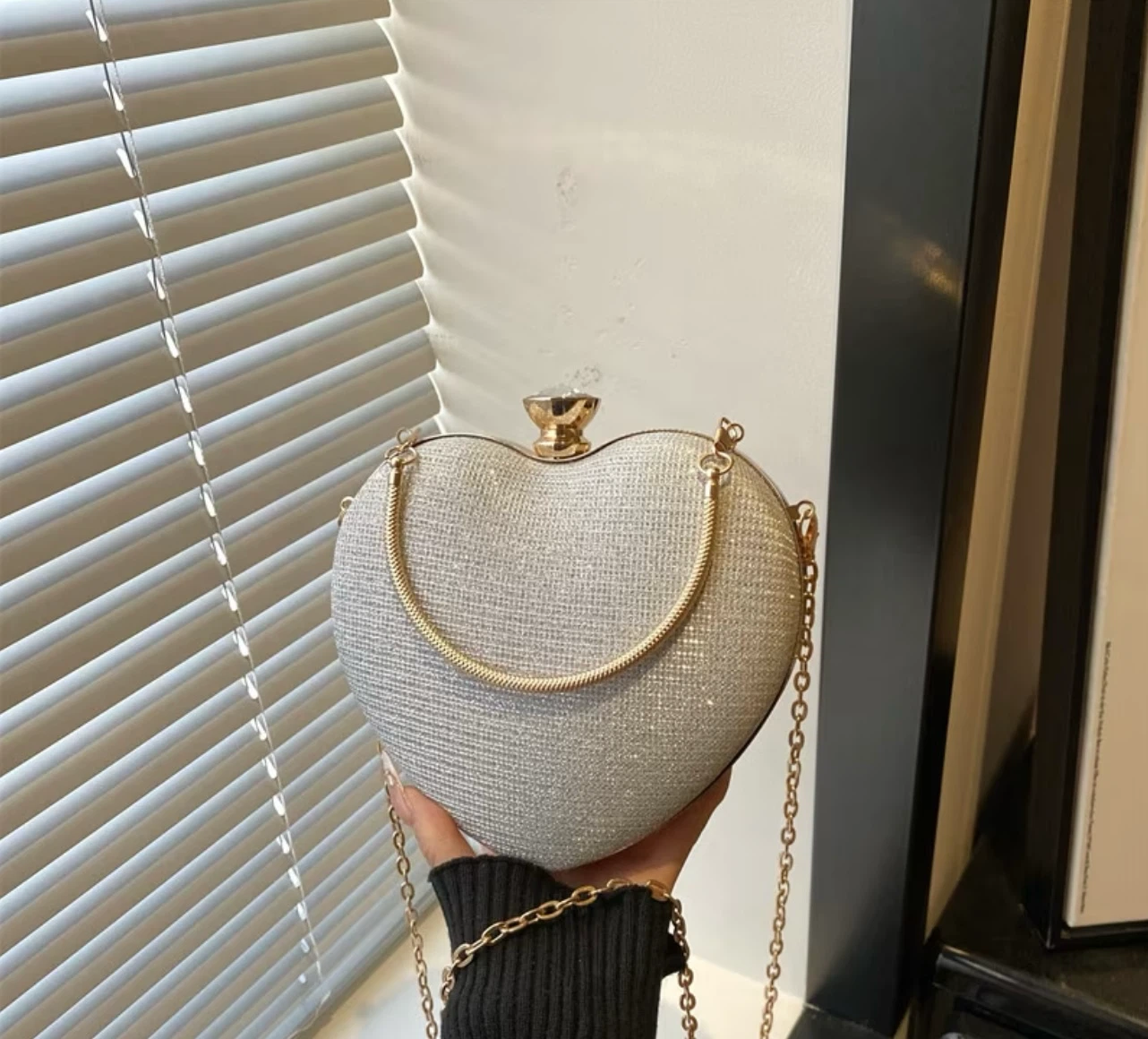 Silver Glitter Heart Clutch Bag