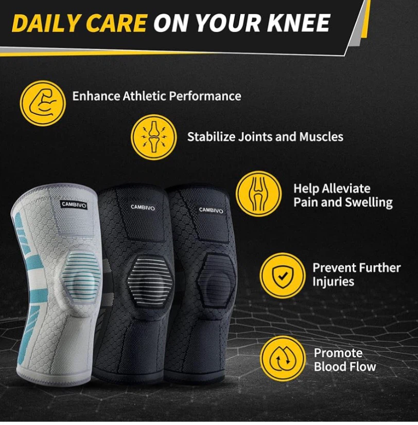 Knee support with patella at front plus braces on side at