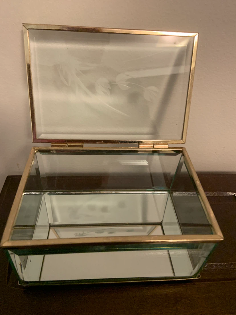 Set of two vintage etched glass and brass jewelry boxes