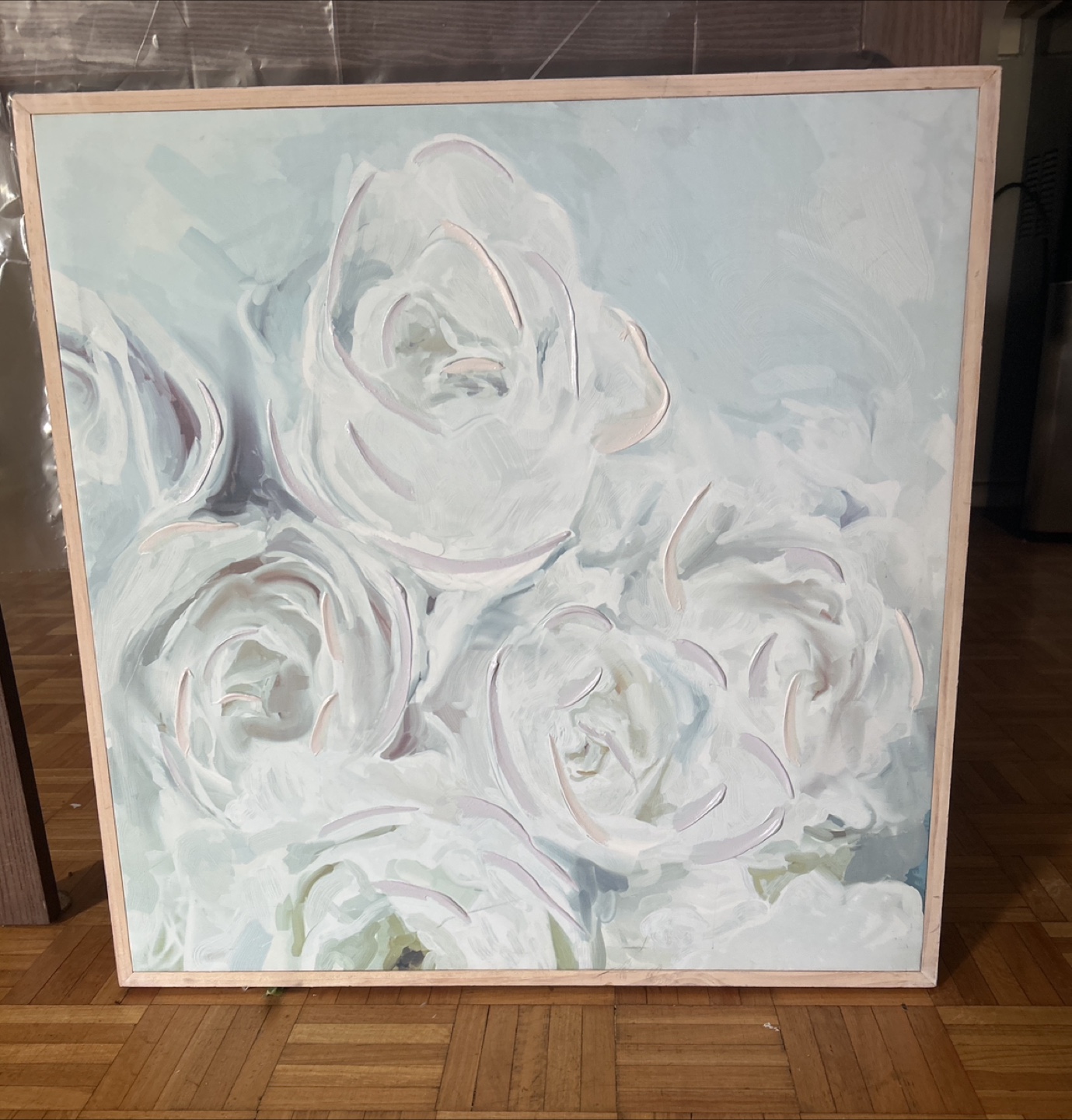 Large Floral Oil Painting with Light Wood Frame