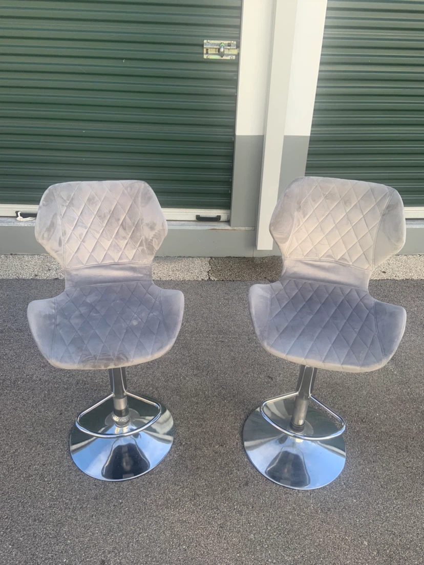 Set of Two Grey Velvet Bar Stools