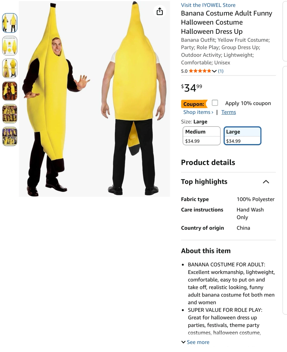 Adult Banana Costume - Large