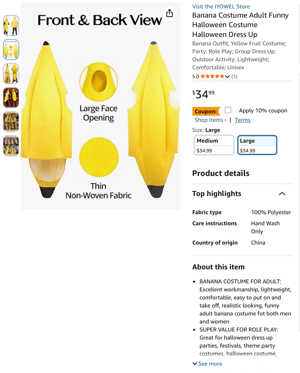 Adult Banana Costume - Large - photo 2