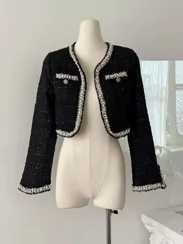 Black Tweed Cropped Jacket with Pearl Trim