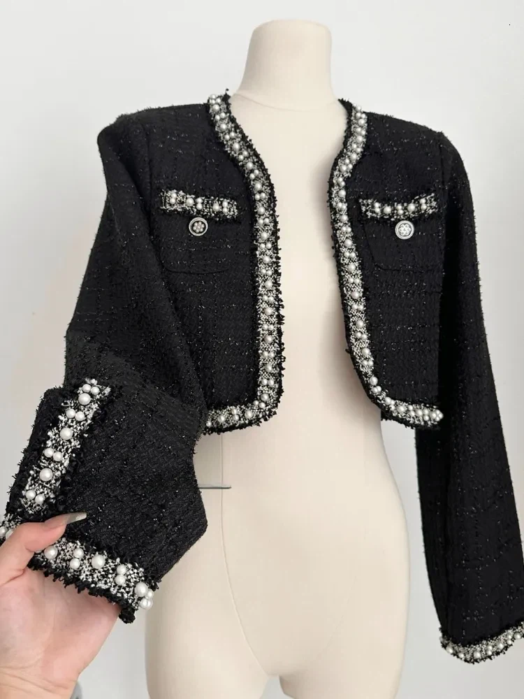 Black Tweed Cropped Jacket with Pearl Trim - photo 2