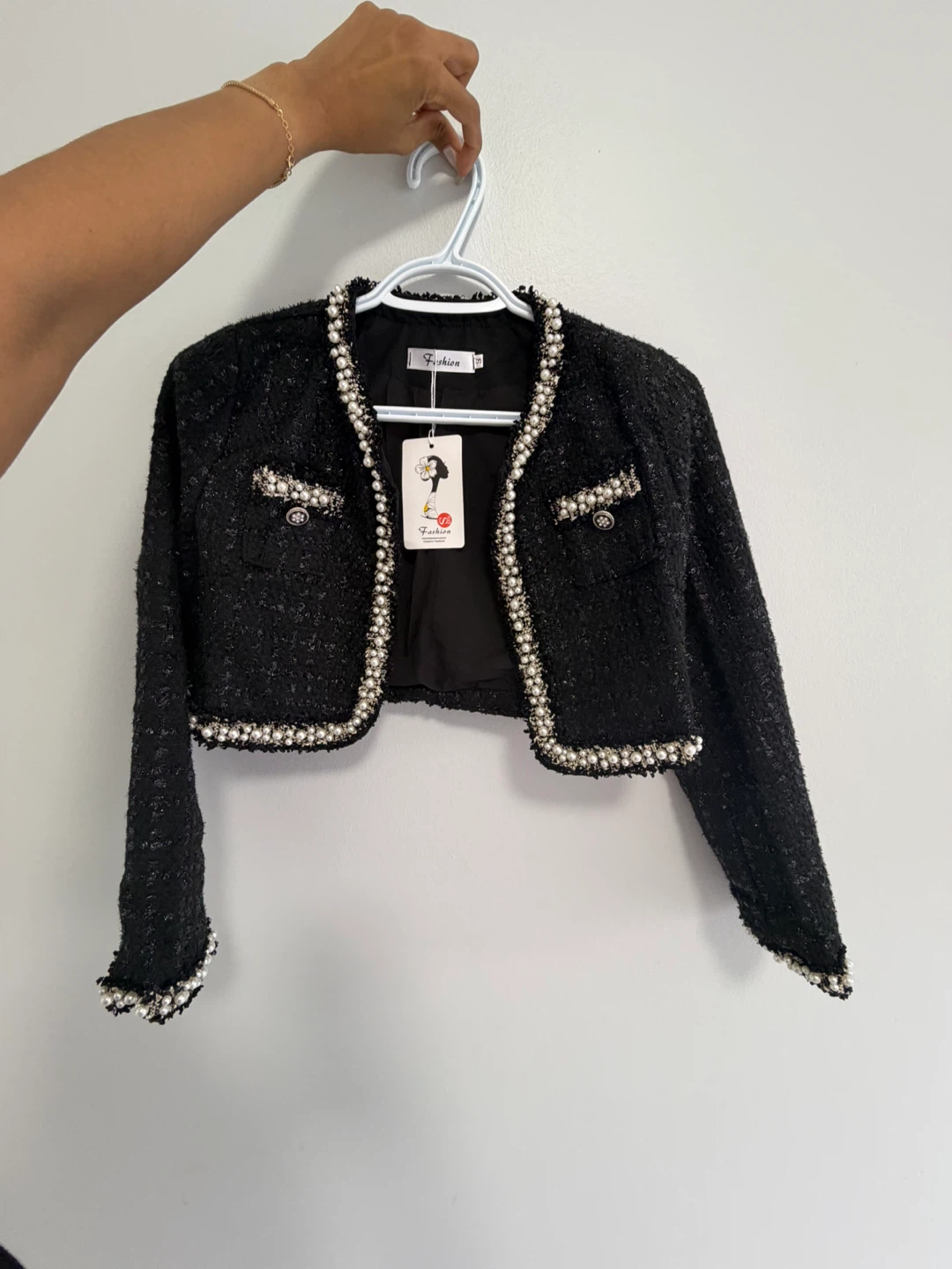Black Tweed Cropped Jacket with Pearl Trim - photo 3