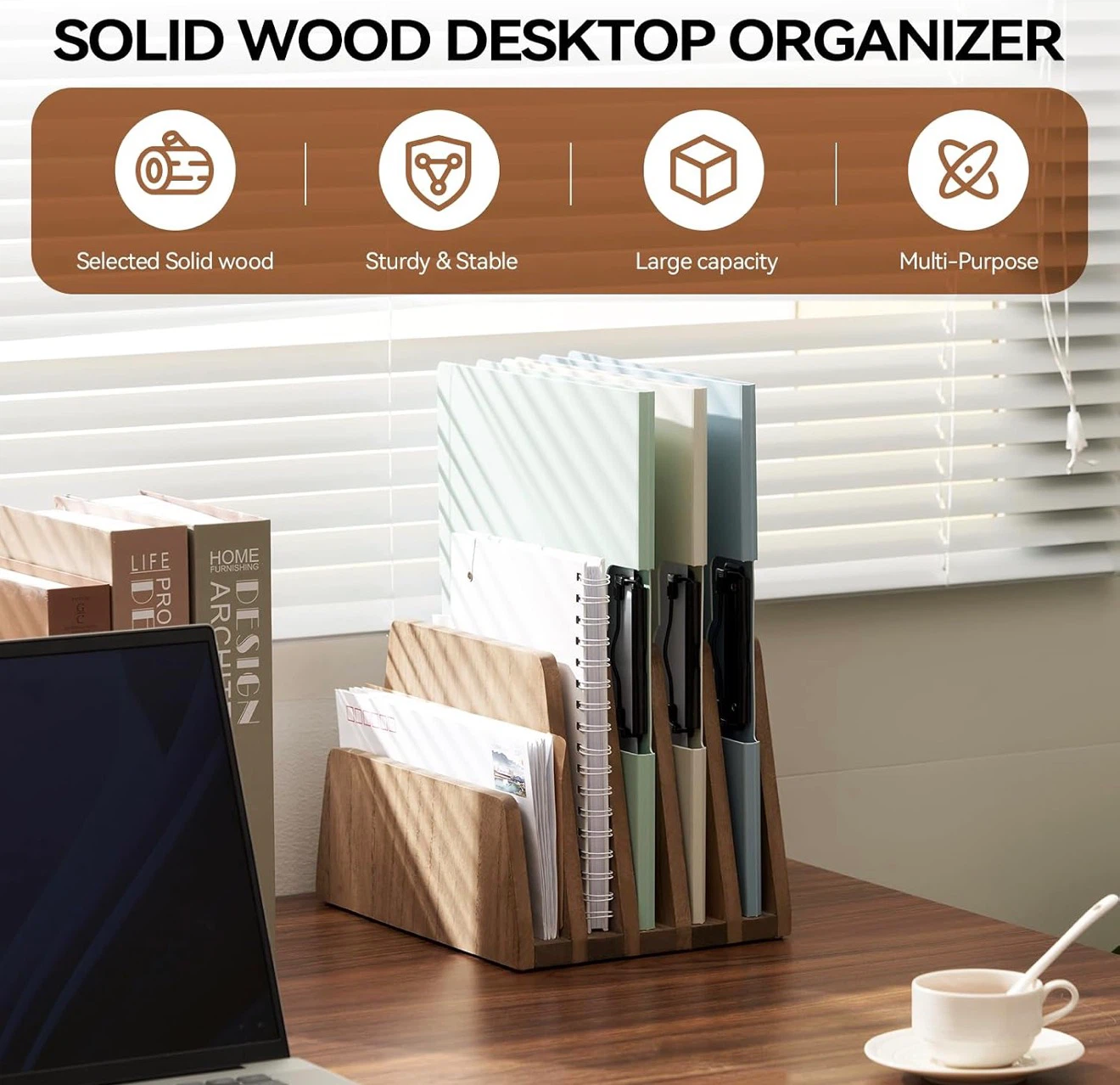 KIRIGEN Wooden Organizer, 5-Slot File / Magazine Holder for Desk