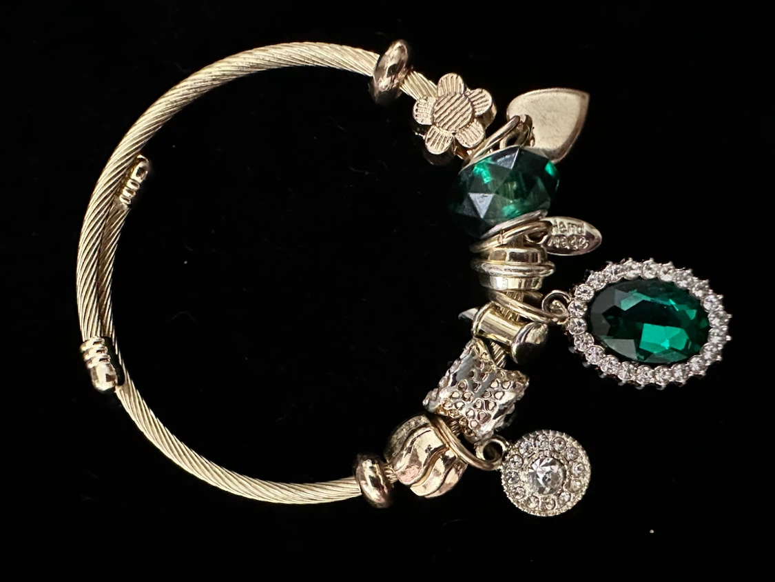 Gold-Tone Charm Bracelet with Green Rhinestones