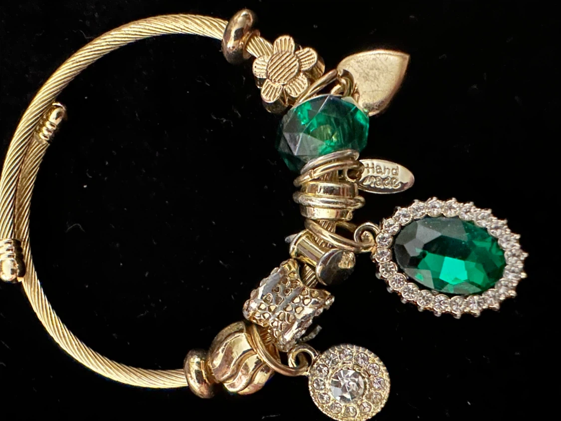 Gold-Tone Charm Bracelet with Green Rhinestones - photo 2