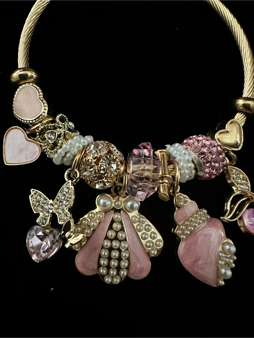 Gold-Tone Charm Bracelet with Pink and Pearl Accents