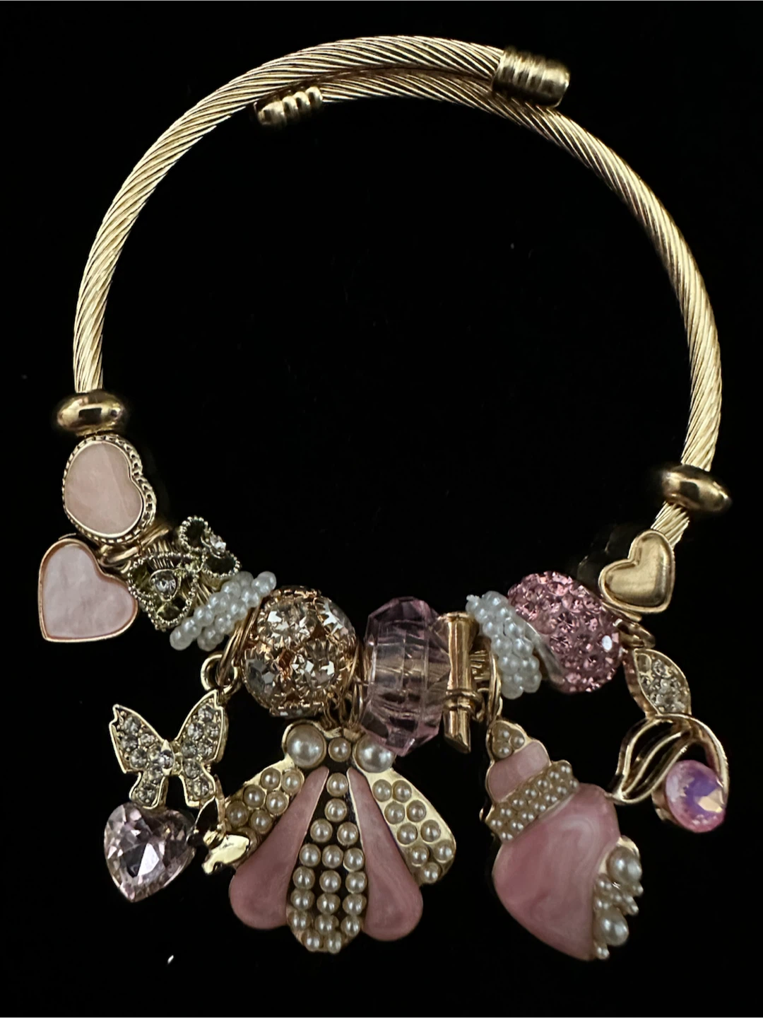 Gold-Tone Charm Bracelet with Pink and Pearl Accents - photo 2