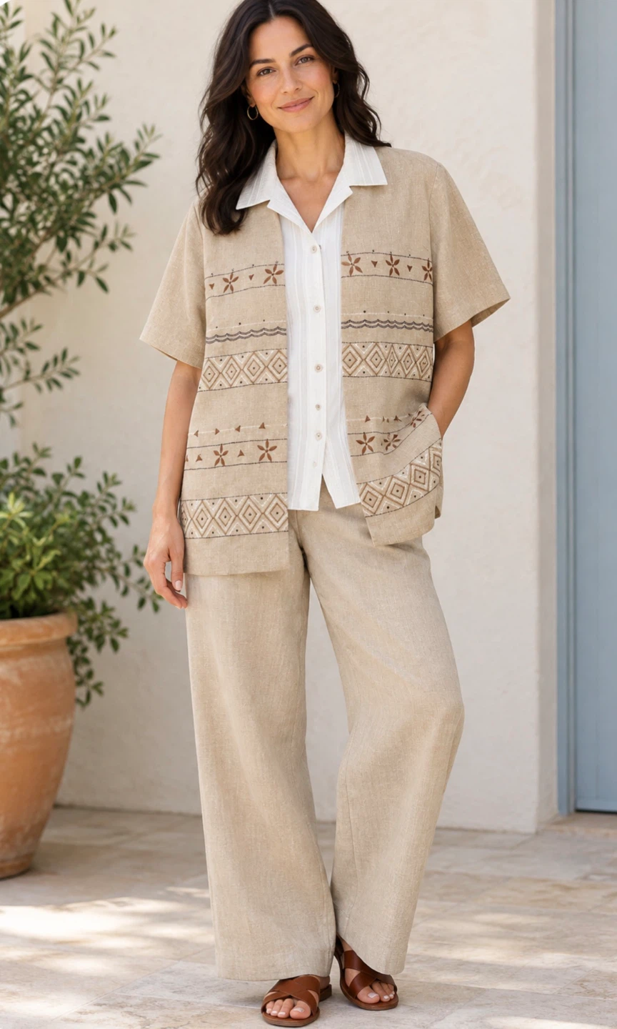 Alia Embroidered Beige Twofer Shirt