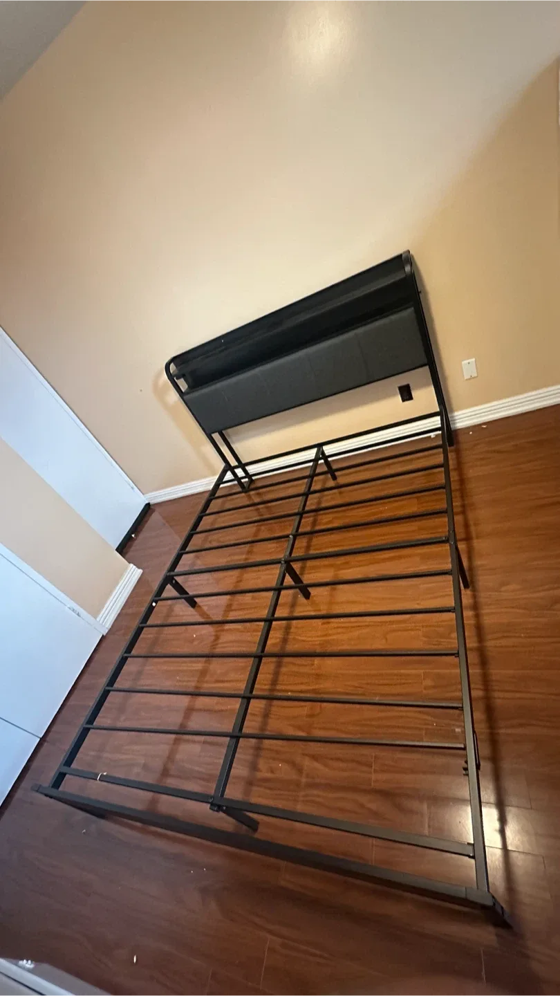 Black Metal Bed Frame with Built-in Headboard Storage