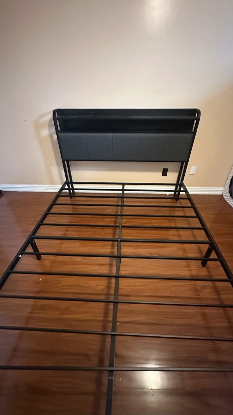 Black Metal Bed Frame with Built-in Headboard Storage - photo 3