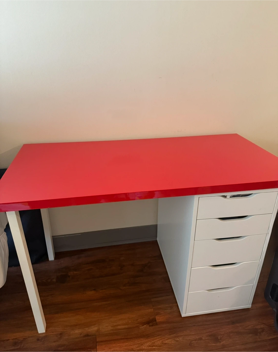 Modern Desk with Red Glossy Top & IKEA Alex Storage Drawer Unit