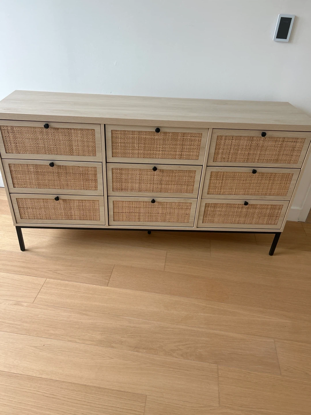 Light Oak Rattan Dresser with 9 Drawers