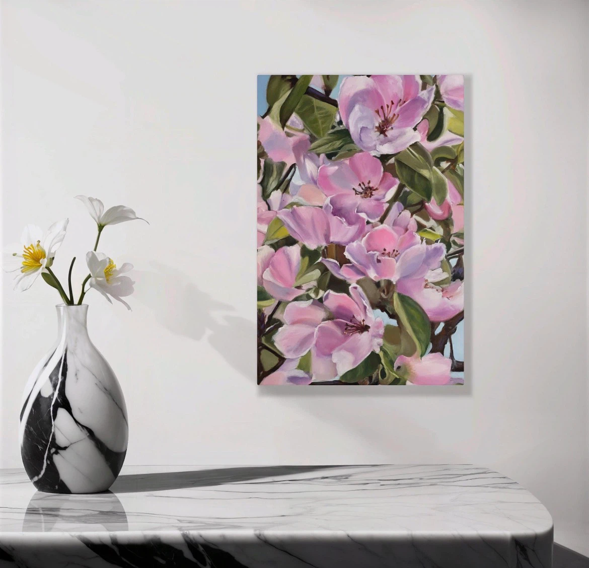 Original Pink Blossom Painting,Botanical Wall Decor (24x16 Inch)