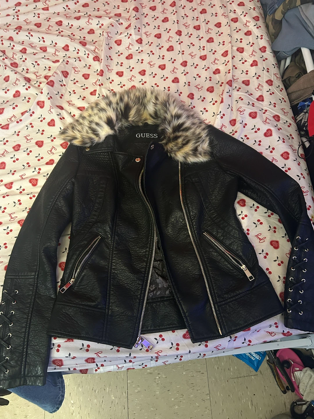 GUESS Black Faux Leather Jacket with Fur Collar