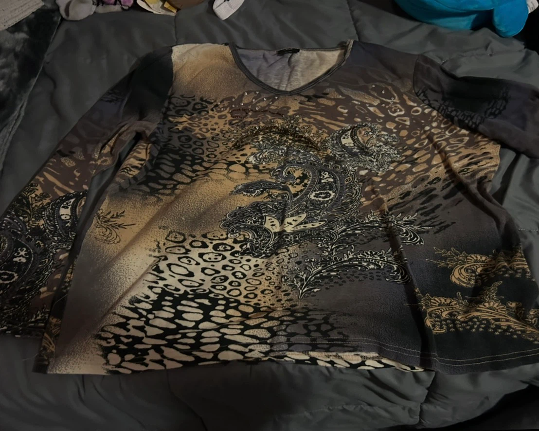 Y2k Tan and Grey Patterned Long Sleeve V-Neck Top