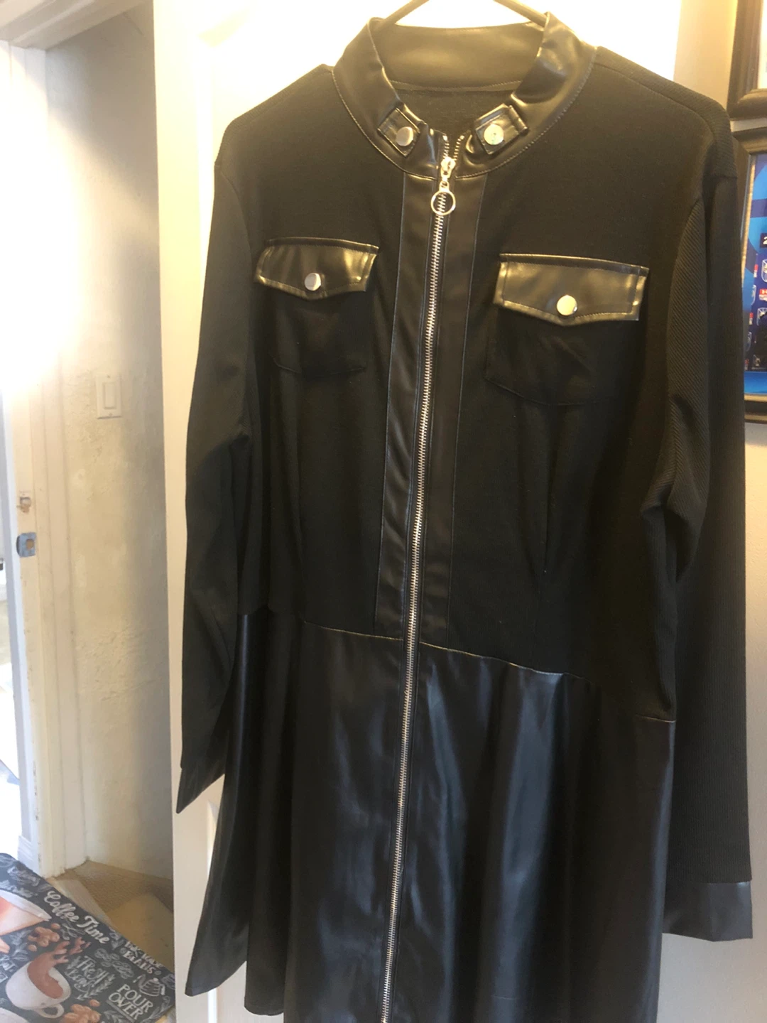 Plus Size Black Faux Leather & Knit Zip-Up Dress