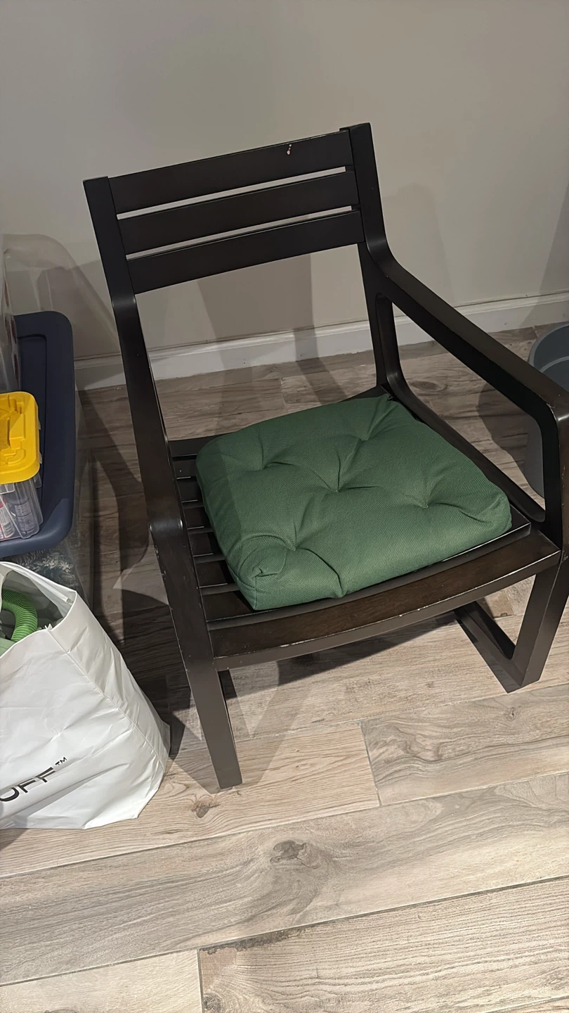 Dark Brown Wooden Armchair with Green Cushion
