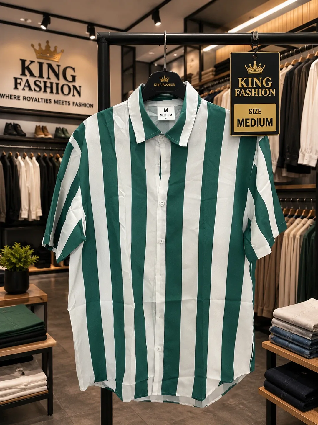 King Fashion Green and White Striped Shirt