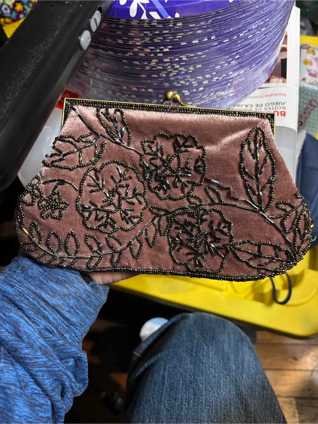 Vintage Beaded Rose Velvet Clutch