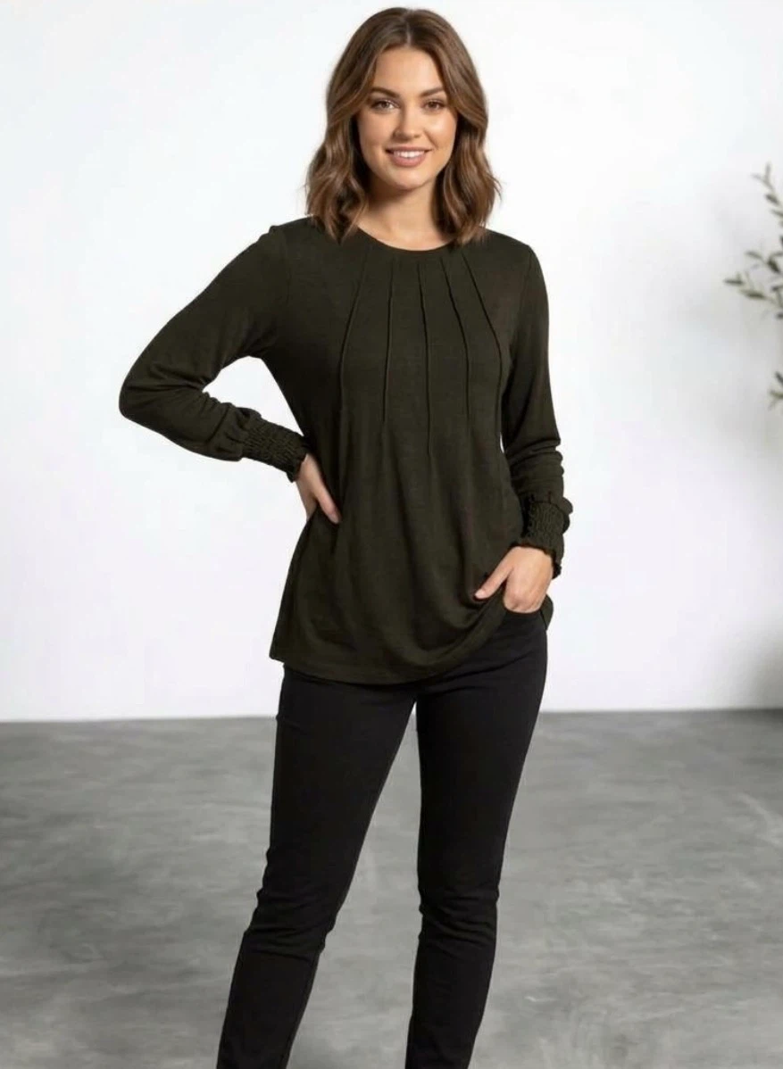 Black Pleated Long Sleeve Top
