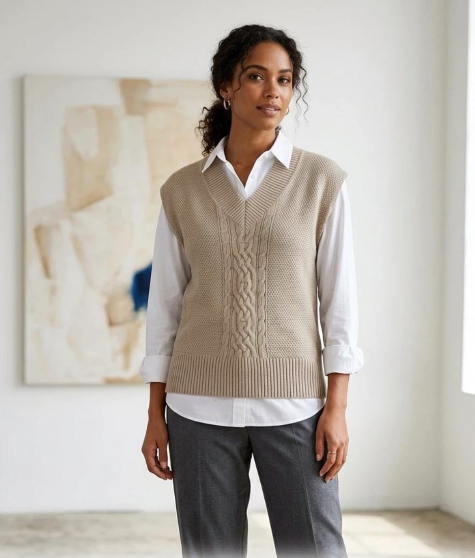 Beige Cable Knit Sweater Vest