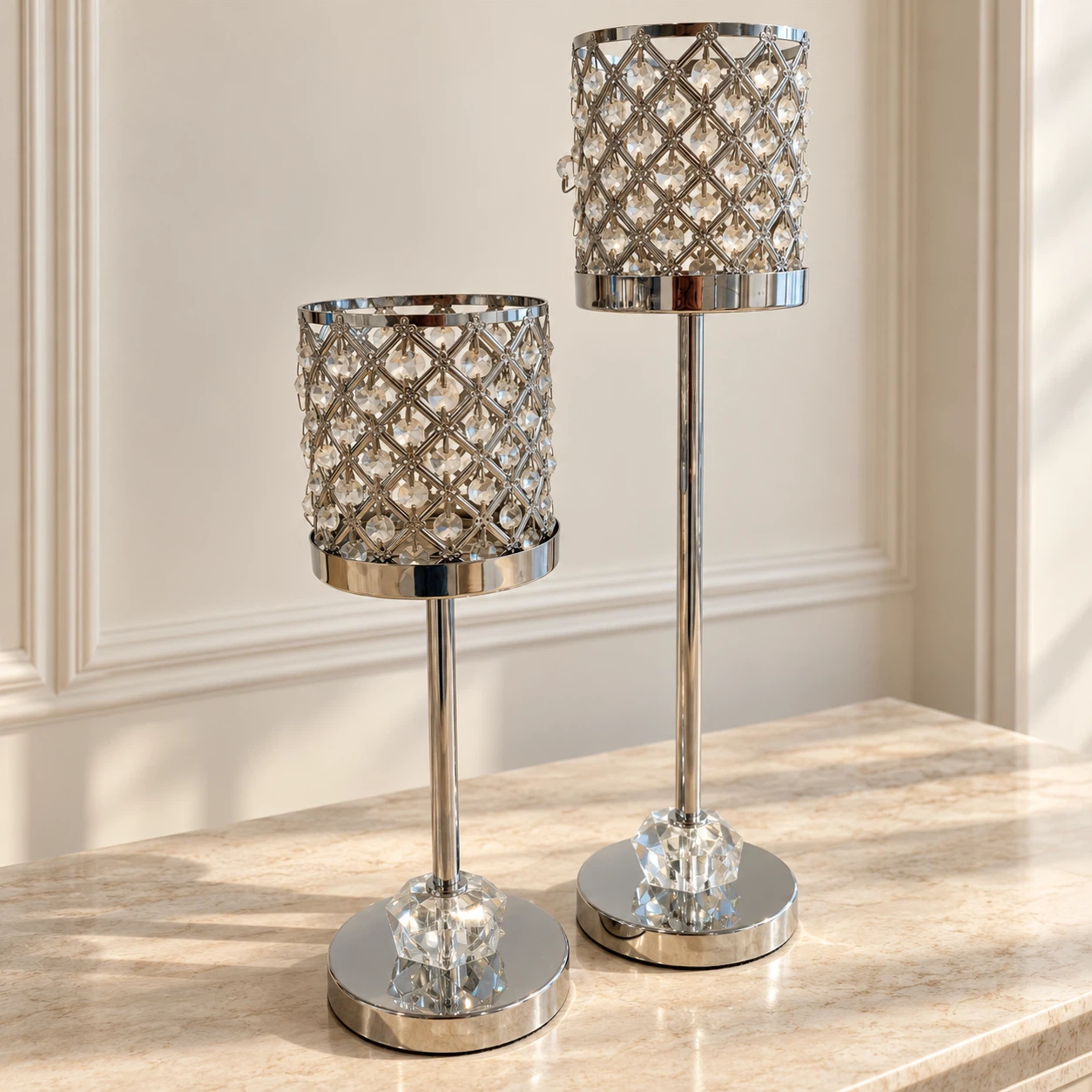 Set of 2 Crystal-Polished Chrome Candle Holders