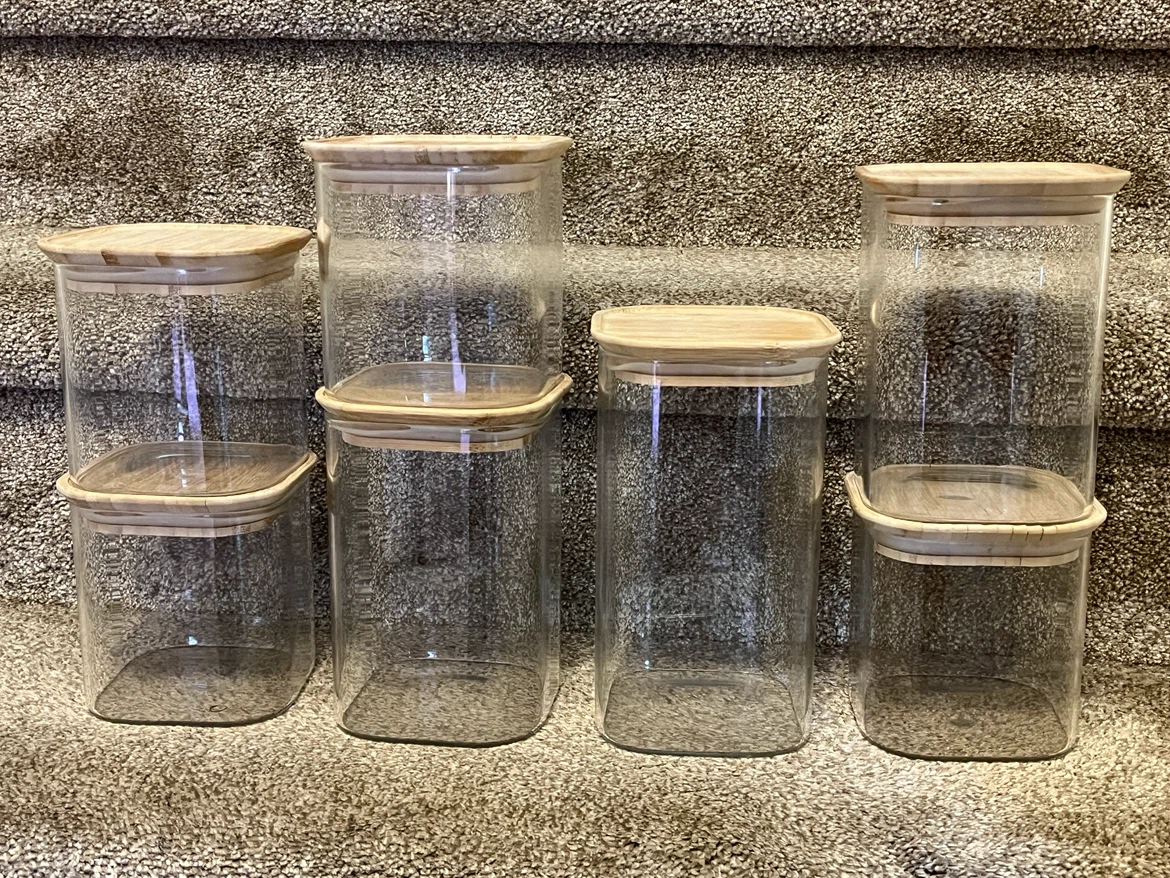 Set of 7 Bamboo Lid Glass Storage Canisters