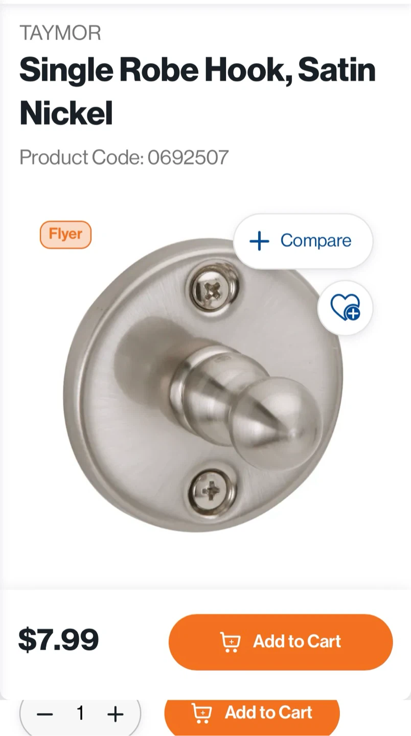 New Taymor Heritage Columbia Single Robe Hook, Satin Nickel