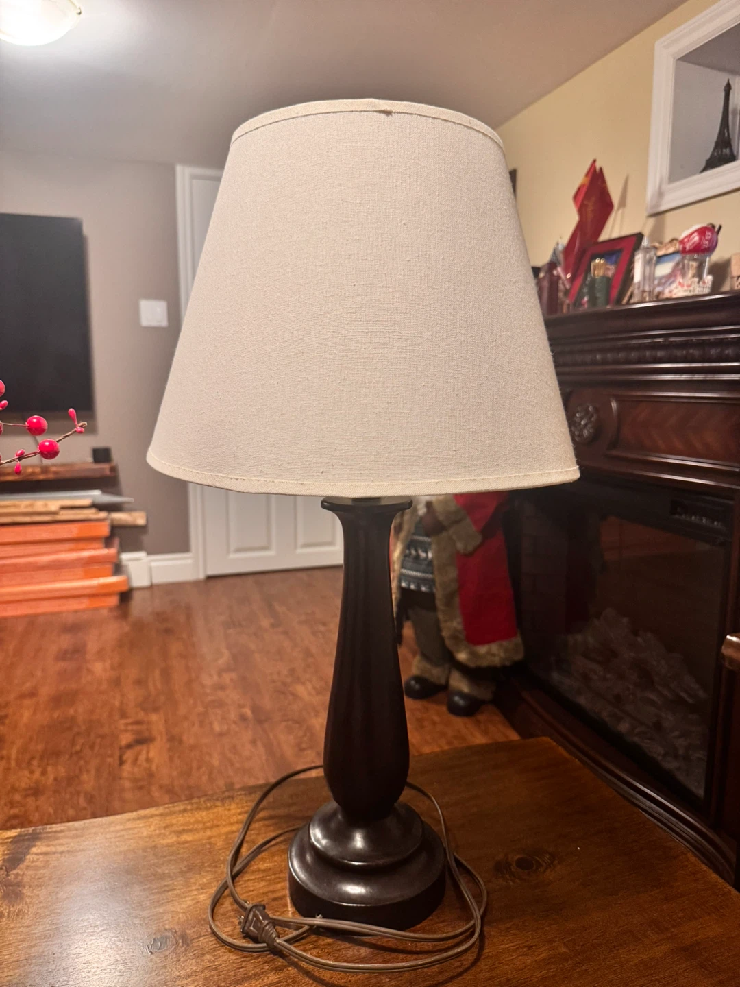 Classic Dark Wood Table Lamp with Cream Shade