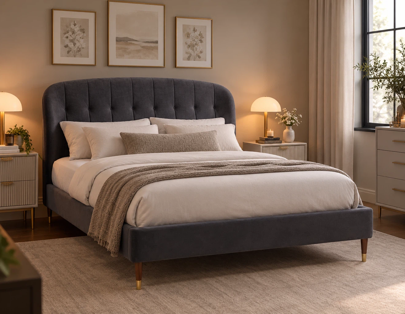 Kyoto Grey Velvet Tufted Queen Bed Frame