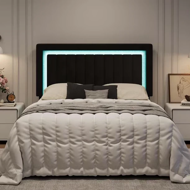SHA CERLIN Full/Double Size Velvet Bed Frame with LED Light