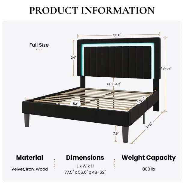 SHA CERLIN Full/Double Size Velvet Bed Frame with LED Light - photo 2