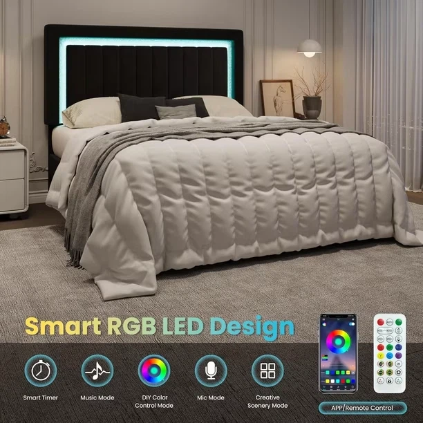 SHA CERLIN Full/Double Size Velvet Bed Frame with LED Light - photo 3