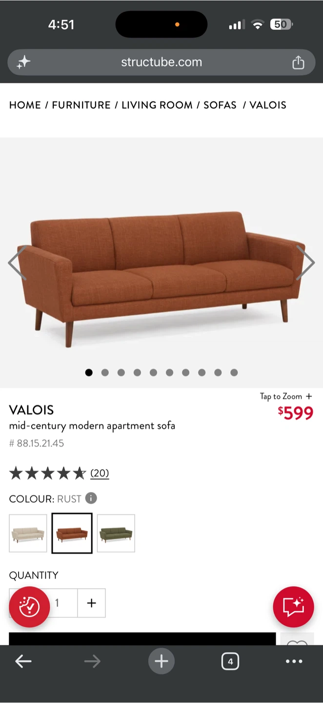 Structube Valois Mid-Century Modern Apartment Sofa - Rust