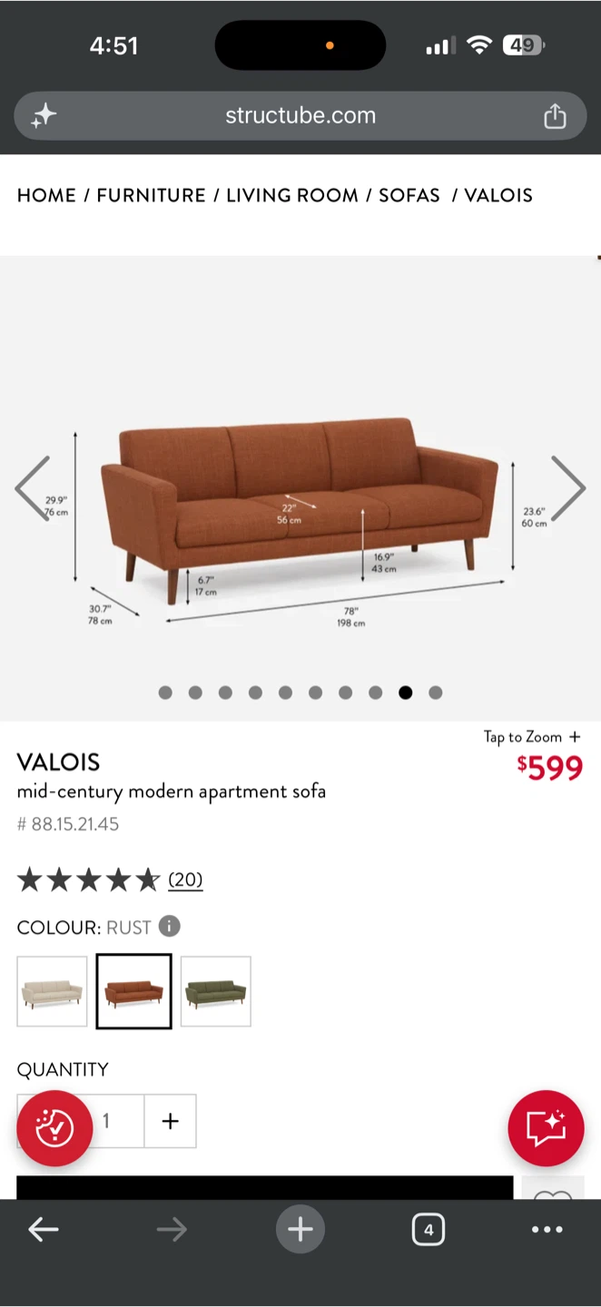 Structube Valois Mid-Century Modern Apartment Sofa - Rust - photo 4