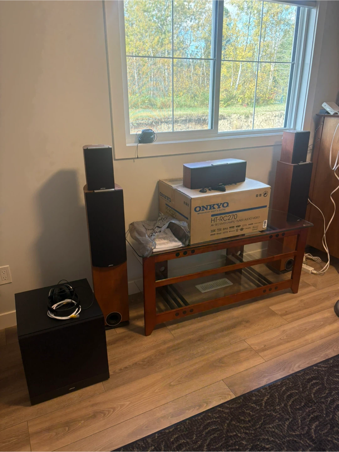 Surround sound speaker, receiver, and stand package