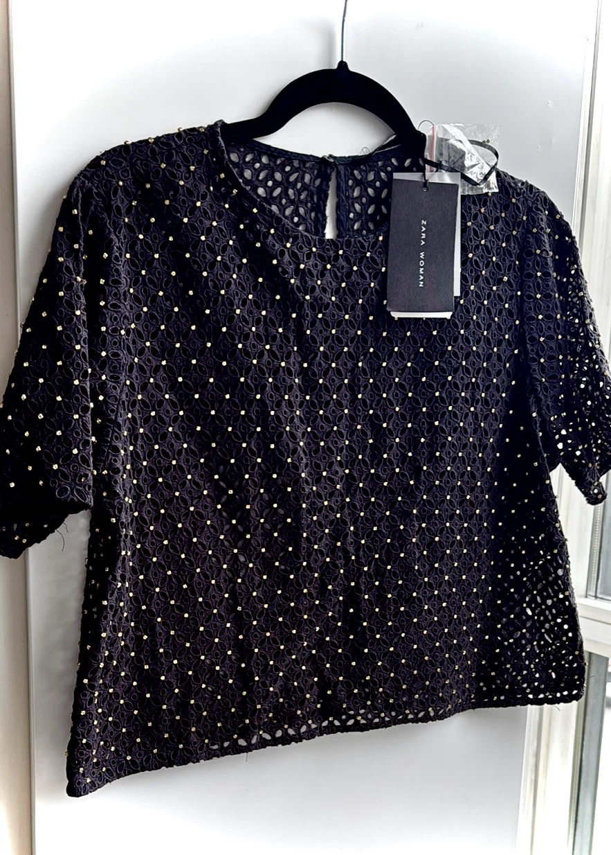 Zara Woman black eyelet top size L petites